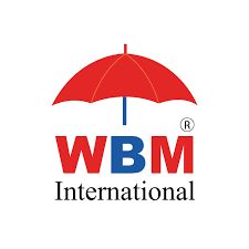 Logo with red umbrella over "WBM International" in bold blue and red letters.
