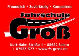 Fahrschule-Werbung mit Kontakt: Kurt-Hahn-Straße 1, Salem. Schlagworte: freundlich, kompetent.