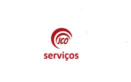 Logo com o texto "Jco serviços" em vermelho, rodeado por um desenho circular estilizado.