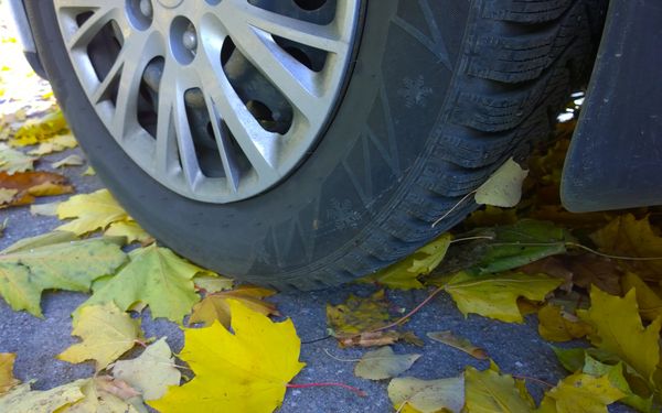 Ein Ganzjahresreifen in Nahaufnahme. Seitlich vom Reifen ist das Schneeflockensymbol deutlich zu erkennen. Unter dem reifen liegt gelb verfärbtes Herbstlaub auf der Straße.