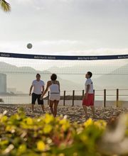 Personas jugando voleibol en la playa, rodeadas de palmeras y montañas al fondo.