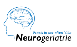 Umriss eines Kopfes mit Gehirn, Text: "Praxis in der alten Villa".