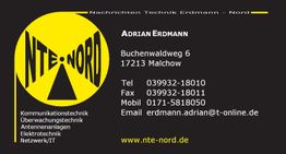 Visitenkarte von NTE-Nord mit Kontaktdaten von Adrian Erdmann, inklusive Telefon und E-Mail.