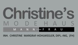 Logo von "Christine's Modehaus" in Grau, Text: "Mann" und "Frau", Besitzerin angegeben unten.