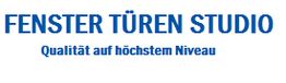 Text: "FENSTER TÜREN STUDIO. Qualität auf höchstem Niveau." in blauer Schrift auf weißem Hintergrund.