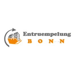 Logo mit Text "Entruempelung Bonn", Haus in einem Container, Pfeil im Kreis.