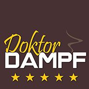 Logo „Doktor Dampf“ mit fünf gelben Sternen auf braunem Hintergrund.