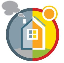 Symbolisches Haus mit Sonne rechts, Wolken links, symbolisiert Tag und Nacht, Energieeffizienz.