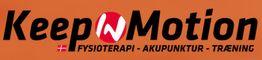 Logo med teksten "Keep in Motion - Fysioterapi - Akupunktur - Træning" på orange baggrund.