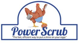 Chicken with scrub gear and "Power Scrub" text; tagline: shines eggs efficiently.