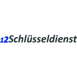 Zahl "12" in Blau vor dem schwarz geschriebenen Wort "Schlüsseldienst" auf weißem Hintergrund.