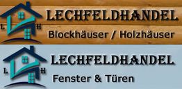 Zwei Logos von Lechfeldhandel mit Text: "Blockhäuser / Holzhäuser" und "Fenster & Türen".