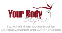 Logo mit rotem Text "Your Body Styler", Figur und Text über Lipologie und Lymphdrainage.