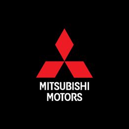 Logotipo da Mitsubishi Motors: três losangos vermelhos acima do texto em branco, fundo preto.