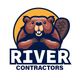 Cartoon beaver logo for River Contractors, with a sun backdrop.