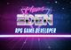 „Khaos Eden, RPG Game Developer“-Schriftzug im Retro-Design vor einem futuristischen Hintergrund.