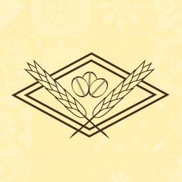 Desenho de grãos e espigas de trigo em fundo amarelo com padrão geométrico.