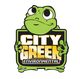 Cartoon frog holding a "City Green Environmental" sign, smiling.