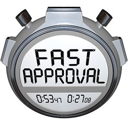 Stopwatch with "Fast Approval" text and times displayed as 0:53:47 and 0:27:08.