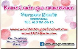Tarjeta de presentación colorida de "Monís & más que animaciones". Información de contacto incluida.