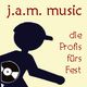 Schattenfigur mit Schallplatte, Text: "j.a.m. music, die Profis fürs Fest".