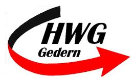 Logo mit schwarzem und rotem Pfeil, Text: HWG Gedern.