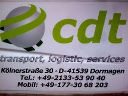 Schild mit Firmenlogo "cdt", Adresse in Dormagen und Kontaktinfos für Transport und Logistik.