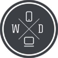 Logo with "W" and "D," a phone, and a computer in a circular design on a dark background.