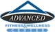 Logo with a blue triangle and the words "Advanced Center" in black and blue text.