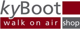 Logo mit Text: "kyBoot, walk on air, shop" in Grau und Dunkelrot.