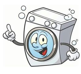 Máquina lavadora animada sonriendo con jabón y burbujas, levantando un dedo.