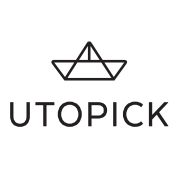 Logotipo de Utopick con un dibujo de barco de papel en línea por encima del nombre.