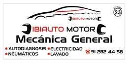 Letrero de taller mecánico: IBI AUTO MOTOR. Servicios: autodiagnosis, electricidad, neumáticos, lavado.