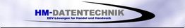 Logo von HM-Datentechnik mit Text: "EDV-Lösungen für Handel und Handwerk" auf blauem Hintergrund.