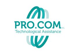 Logo di Pro.Com S.R.L. con sfere intrecciate azzurre e testo "Technological Assistance".