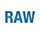 Text "RAW" in blauer, fetter Schrift auf weißem Hintergrund.