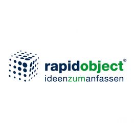 Logo mit blau-weißem Würfel und Text: "rapidobject ideenzumanfassen".