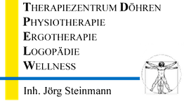Logo mit gelbem und blauem Streifen, Text und Vitruvianischer Mensch als Symbol unten rechts.