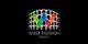 Logo Web Design Roma con Colosseo stilizzato e lettere colorate su sfondo nero.