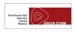 Logo mit rotem Design, Text: "Psychotherapie (HpG), Supervision, Coaching, Mediation, Jürgen Sturm".