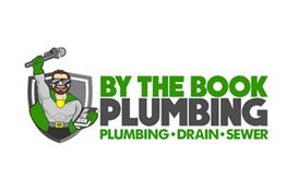 Cartoon plumber with wrench next to "By The Book Plumbing" text; plumbing, drain, sewer services.