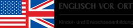 Flaggen von USA und UK mit Text: "Englisch vor Ort, Kinder- und Erwachsenenbildung".