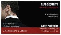 Visitenkarte von Alpo Security mit Kontaktdaten und Sicherheitsagent im Anzug.