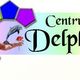 Logo van Centrum Delphi met kleurrijke zeshoek en illustratie van hand, dolfijn en roos.