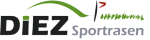 Logo mit grünem Bogen und Flagge. Text: "DiEZ Sportrasen" in Schwarz und Grau.