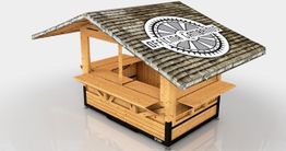 Holzhütte mit Schindeldach, großem Aufkleber und offenen Seiten für Verkauf oder Ausschank.