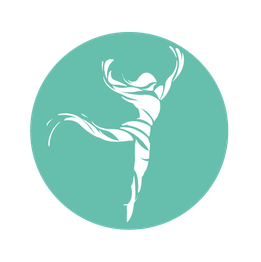 Silueta de bailarina en blanco sobre fondo verde circular.