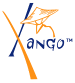 Logo mit orange-blauer Schrift "XANGO" und stilisiertem Hut tragendem Strichmännchen.