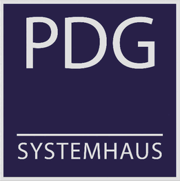 Logo mit der Aufschrift "PDG SYSTEMHAUS" in weiß auf dunkelblauem Hintergrund.