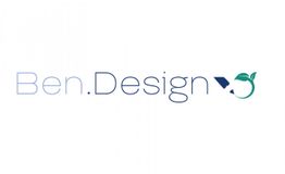 „Ben.Design“-Logo mit Bleistift, Blatt und Pfeil in moderner Schriftart.
